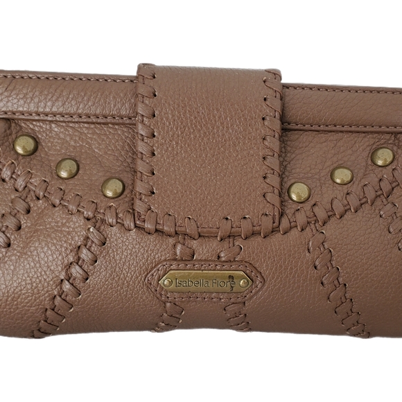 Isabella Fiore Brown Leather Bronze Studded Accents Clutch Handbag - Picture 5 of 7